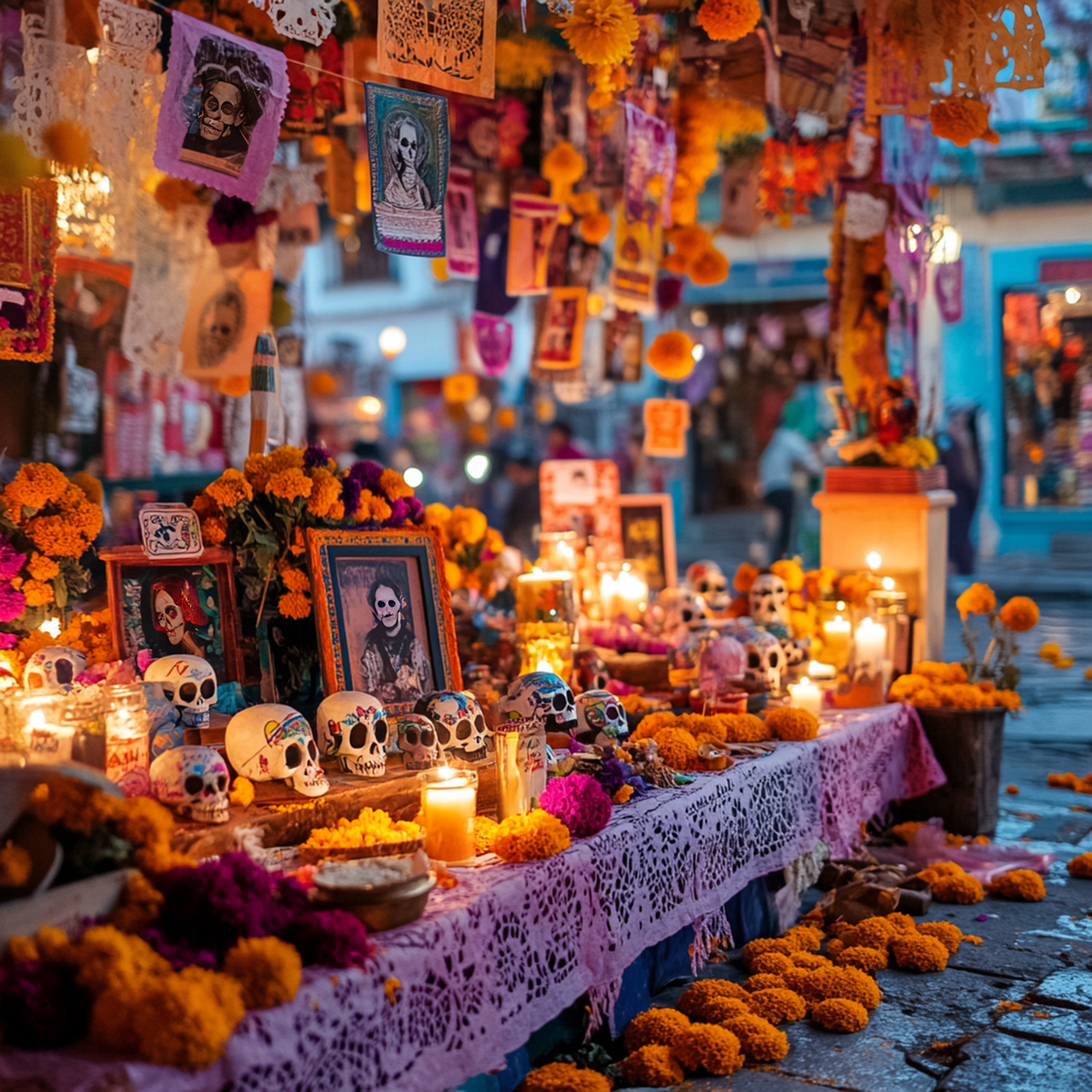 Photo of a market stall with Day of the Dead decorations.